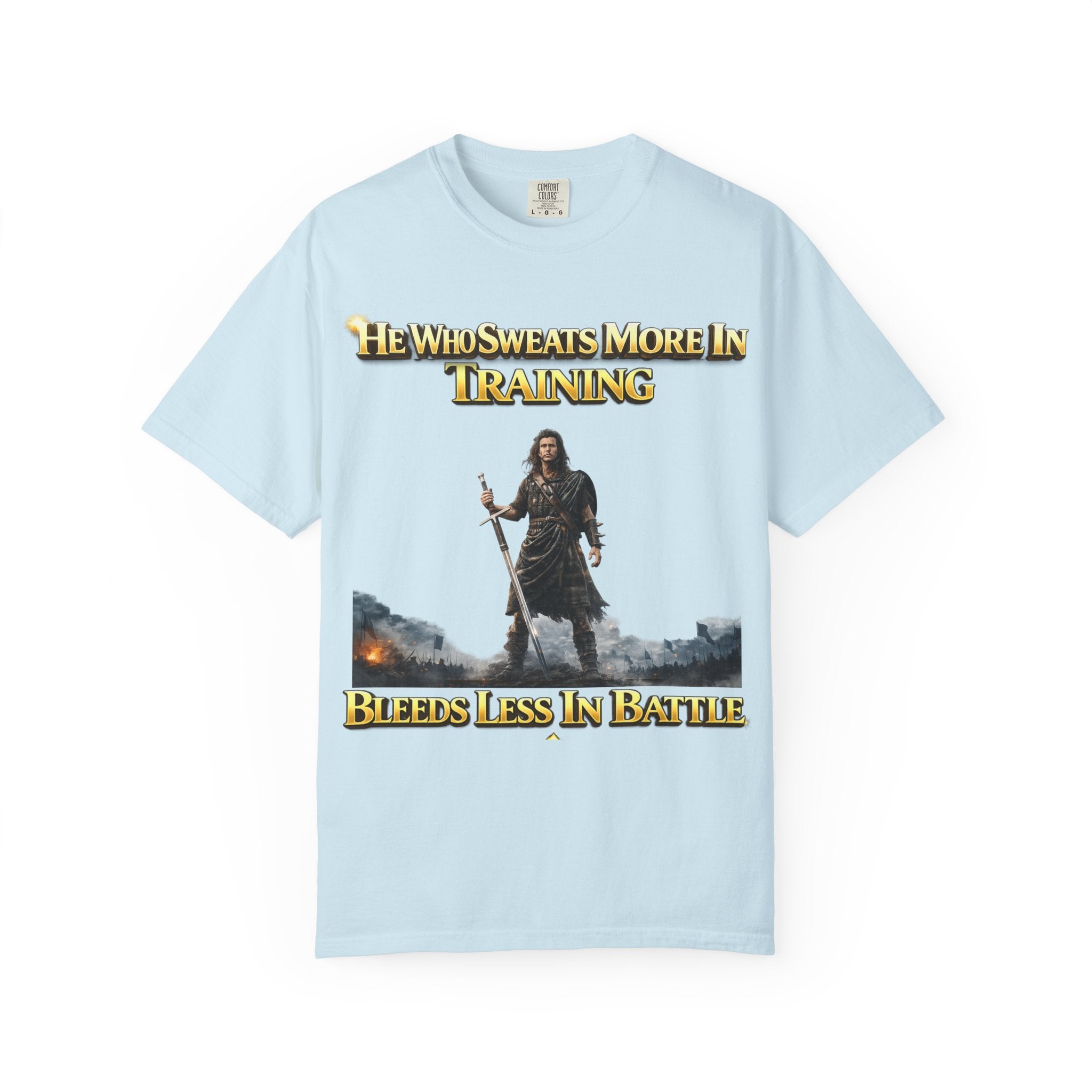 Training Warrior T-Shirt — "He Who Sweats More in Training Bleeds Less in Battle" Printify