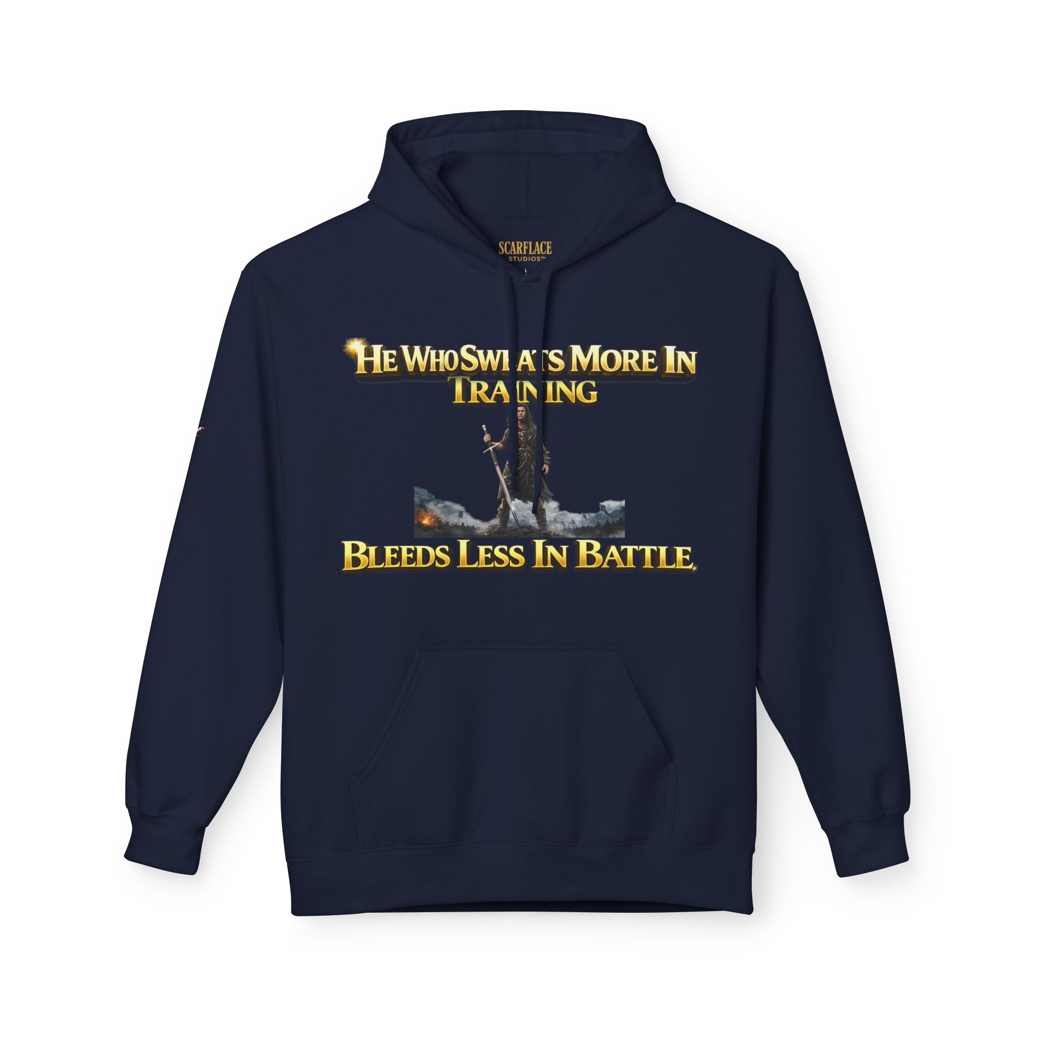 Warrior Training Hoodie — "He Who Sweats More in Training Bleeds Less in Battle" Printify