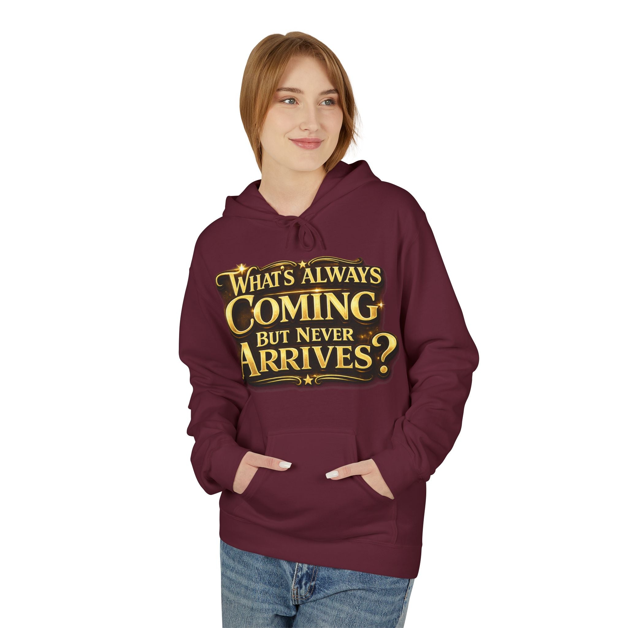Tomorrow Hoodie — "What's Always Coming But Never Arrives?" Vintage Quote Hoodie Printify