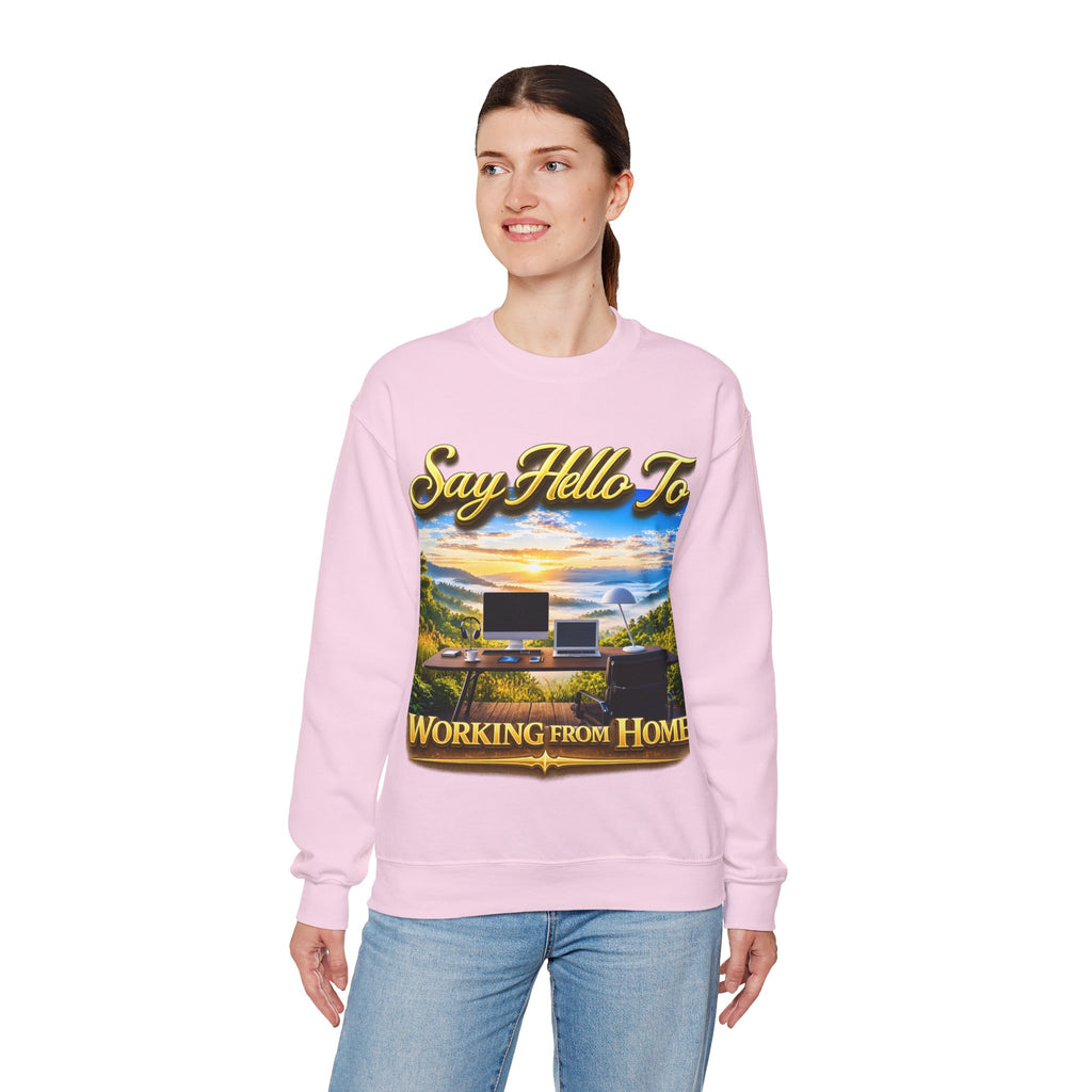 Working From Home Sweatshirt – "Say Hello To" Scenic Home Office Crewneck Printify
