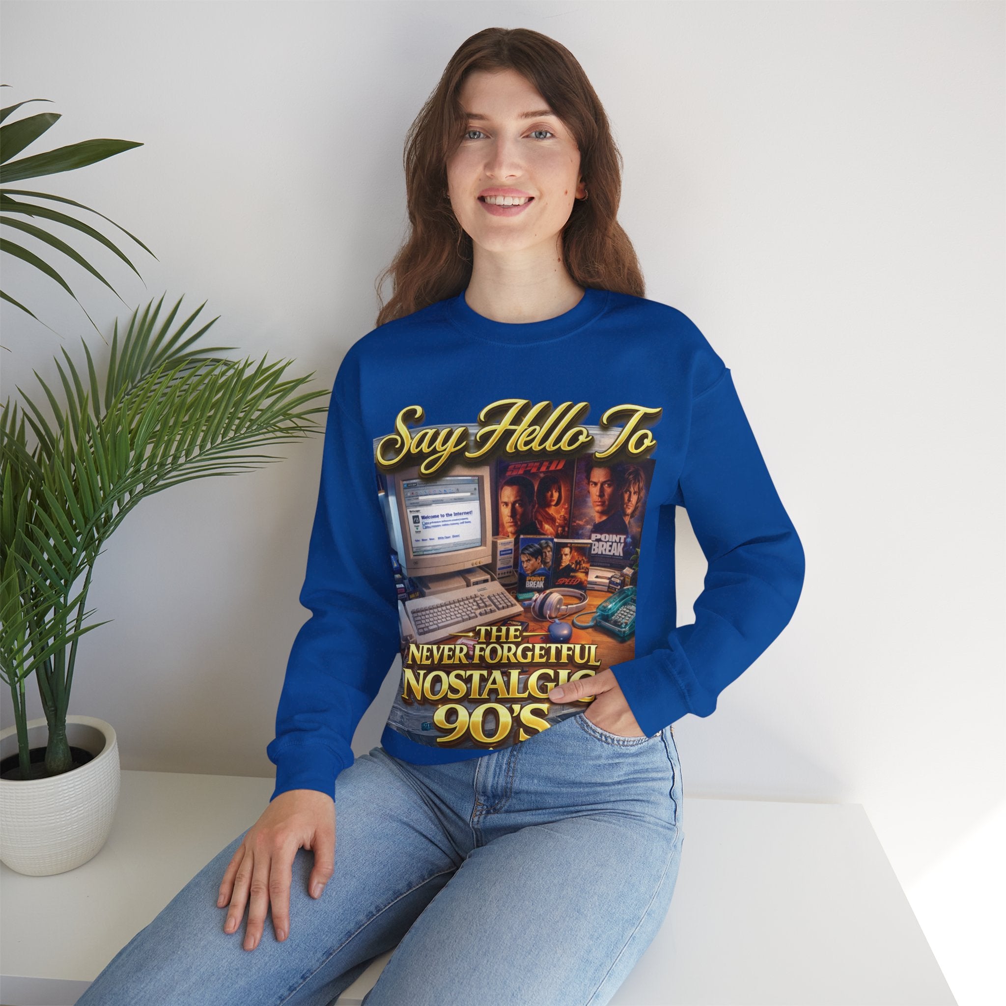 90s Nostalgia Crewneck Sweatshirt – "Say Hello To The Never Forgetful Nostalgic 90's" Printify