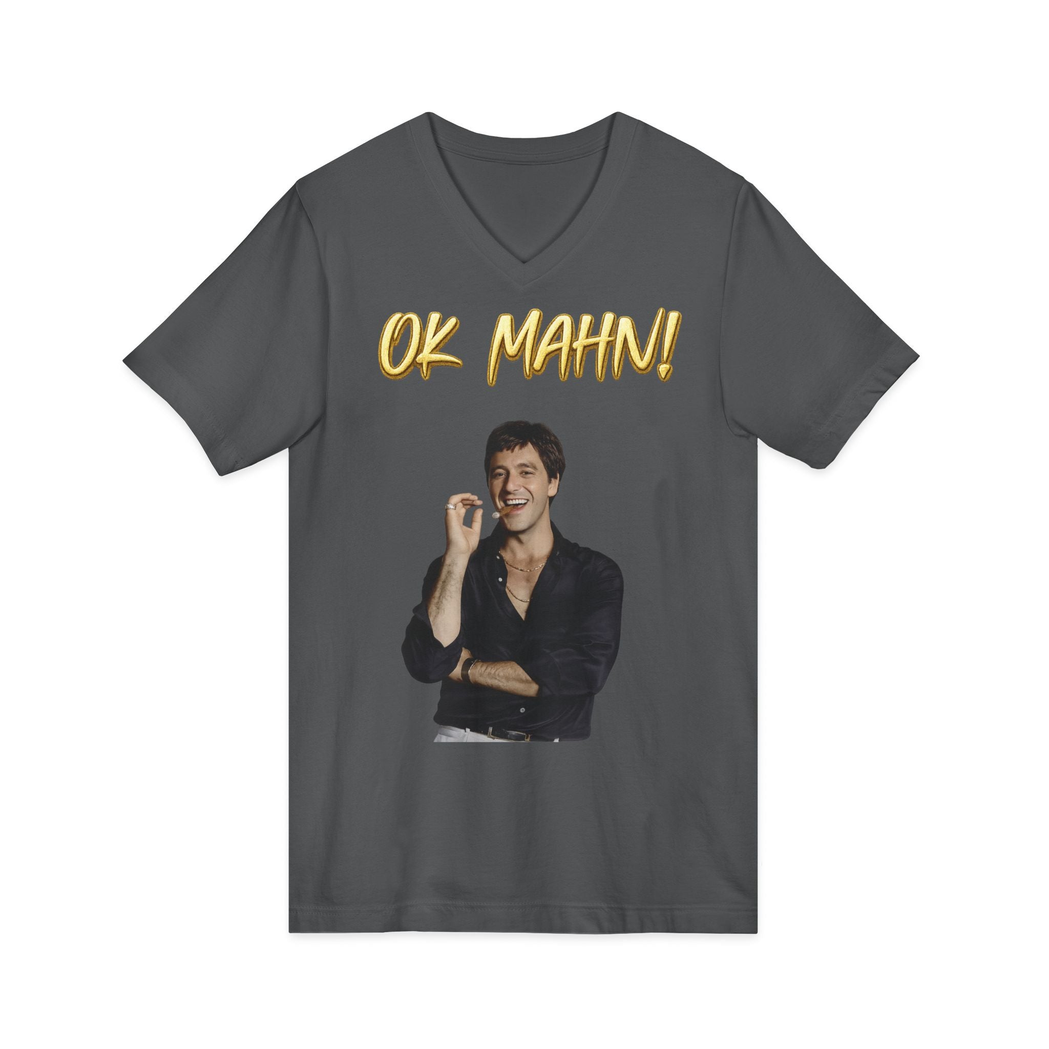 OK Mahn! V-Neck Tee — Vintage Laugh Meme T-Shirt Scarflace Studios Printify