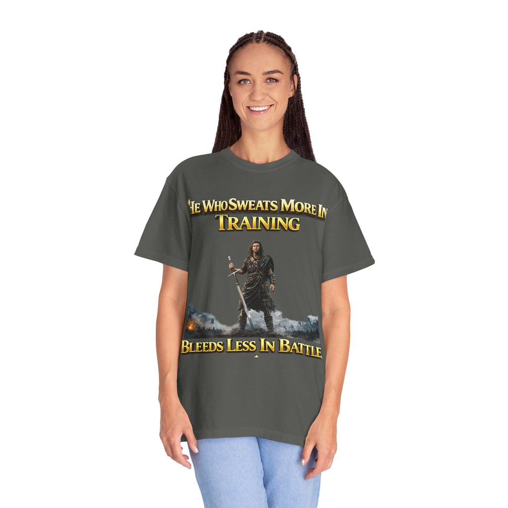 Training Warrior T-Shirt — "He Who Sweats More in Training Bleeds Less in Battle" Printify