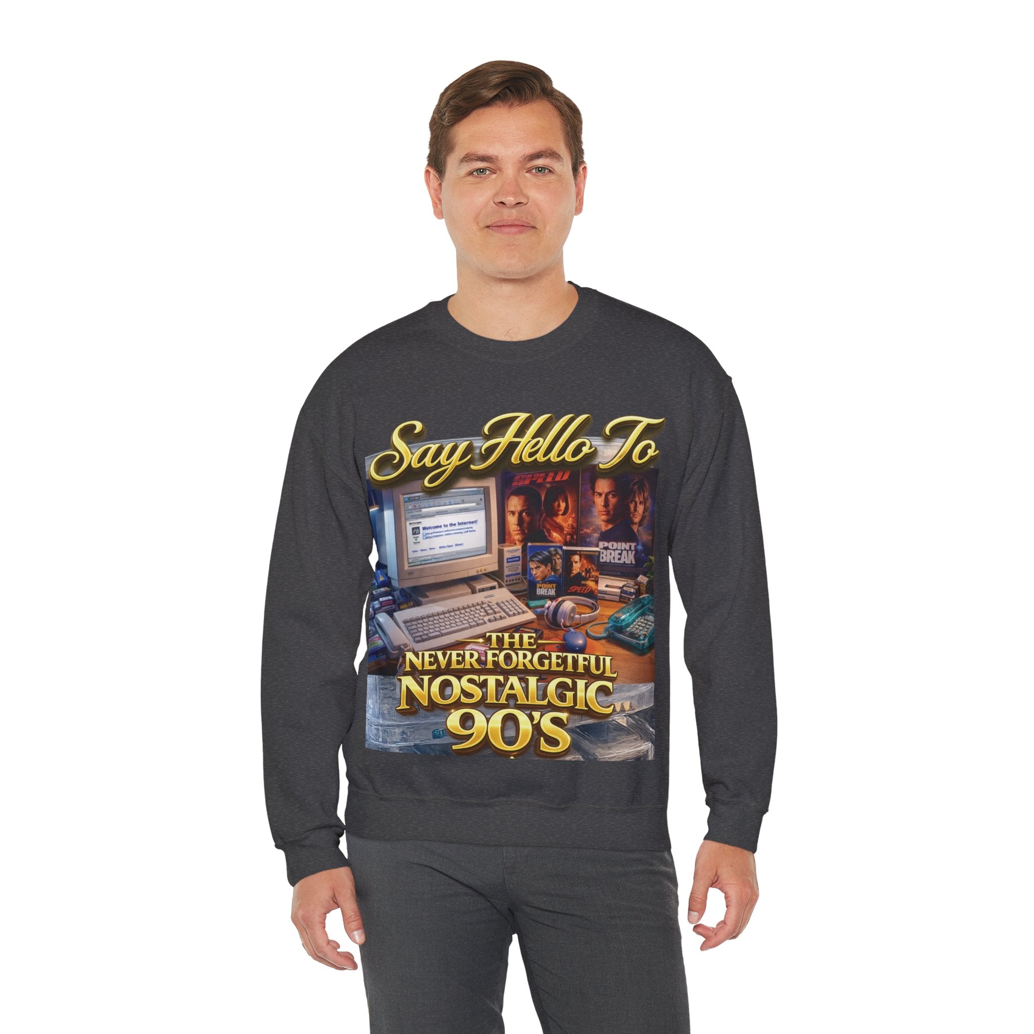 90s Nostalgia Crewneck Sweatshirt – "Say Hello To The Never Forgetful Nostalgic 90's" Printify