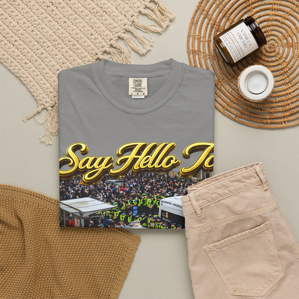 Graphic T-Shirt — "Say Hello to Scotland: Send Them Home" Protest Design Printify