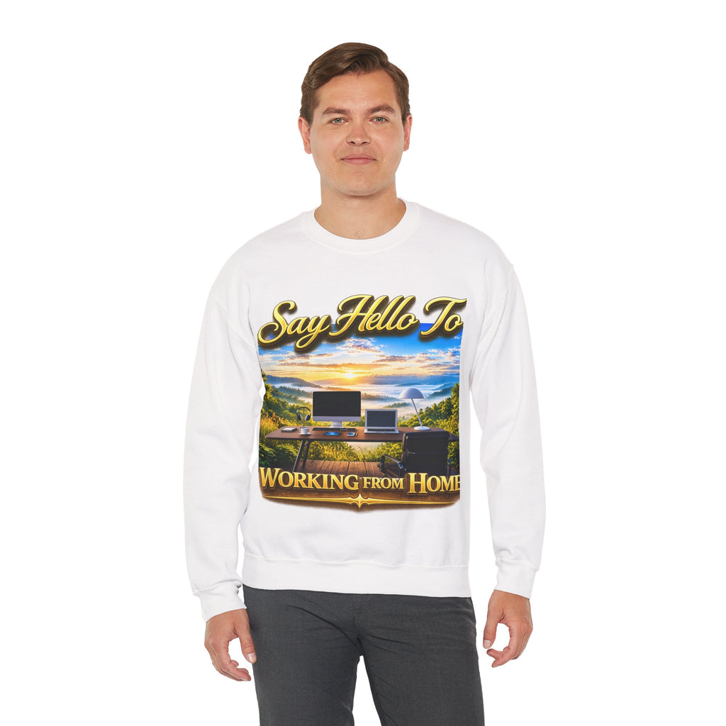 Working From Home Sweatshirt – "Say Hello To" Scenic Home Office Crewneck Printify