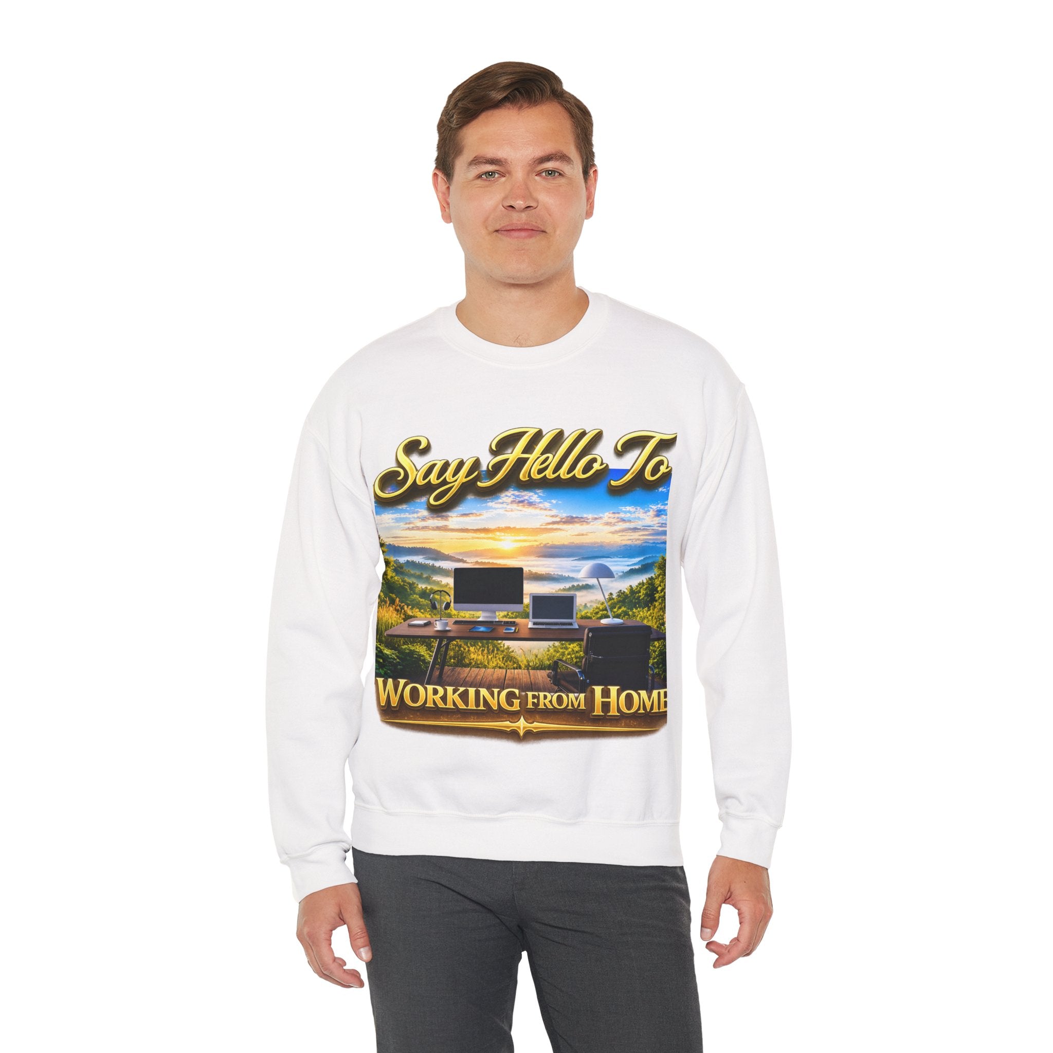 Working From Home Sweatshirt – "Say Hello To" Scenic Home Office Crewneck Printify