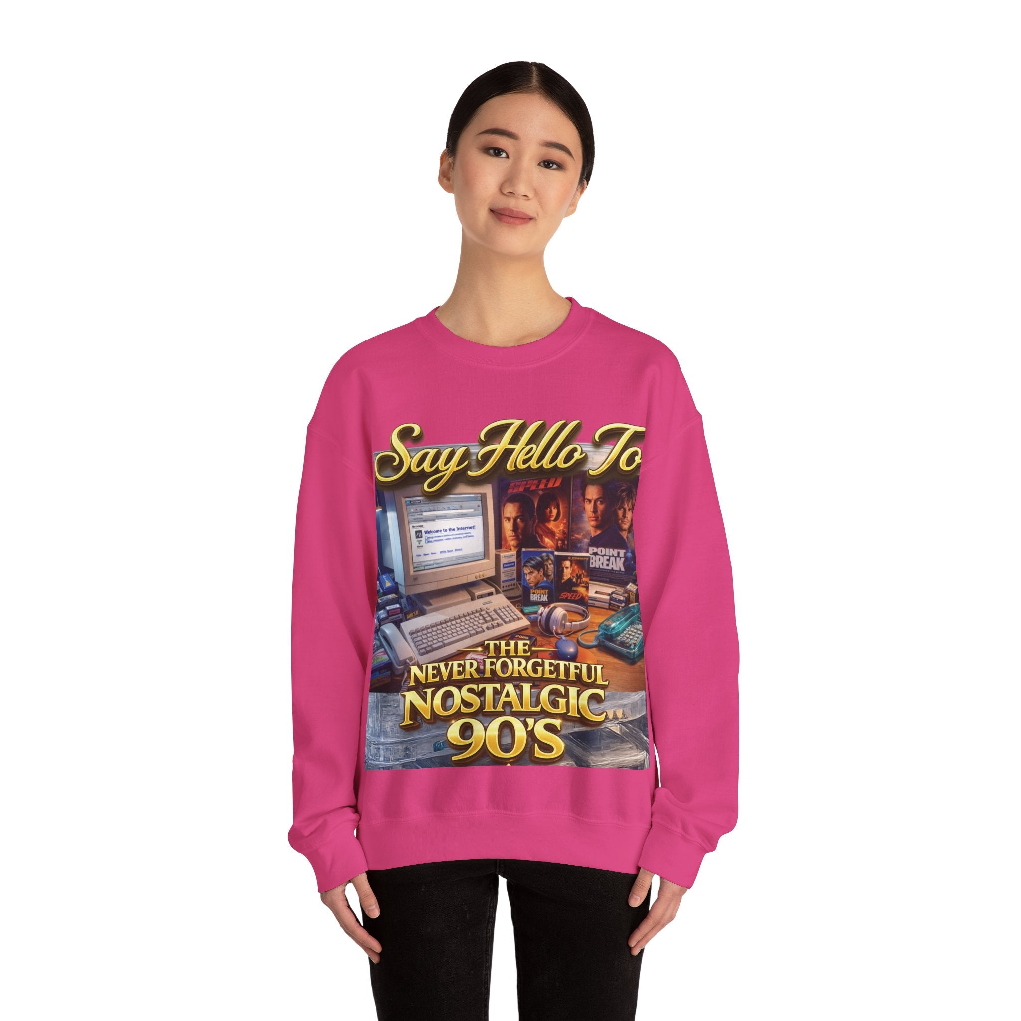 90s Nostalgia Crewneck Sweatshirt – "Say Hello To The Never Forgetful Nostalgic 90's" Printify